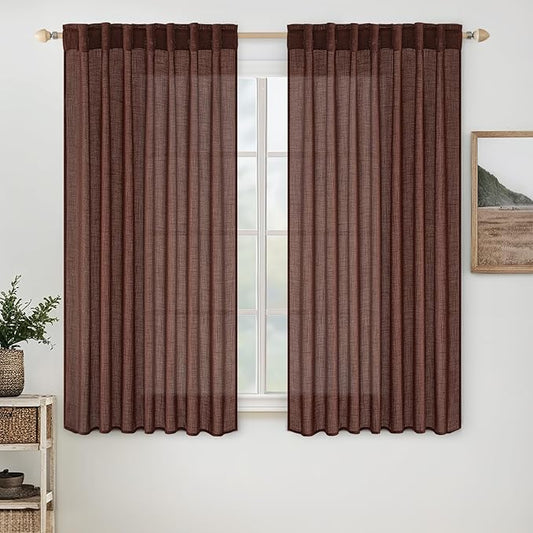 MIULEE Chocolate Brown Linen Curtains 63 Inch Length 2 Panels for Bedroom Living Room, Soft Thick Linen Textured Natural Window Drapes Semi Sheer Light Filtering Back Tab Rod Pocket Burlap Look Decor