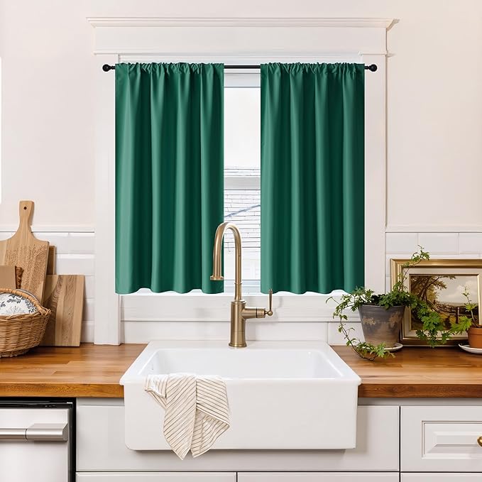 RYB HOME 100% Blackout Short Curtains for Small Window, Thermal Insulated Total Room Darkening Noise Reducing Curtains for Kitchen Bathroom Basement, 34 inches Wide by 48 inches Long, Dark Green