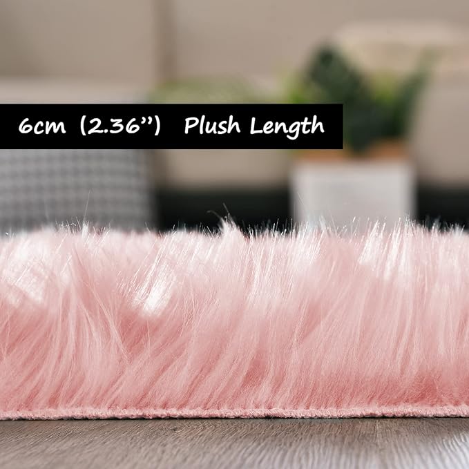 Goolela Pink Fluffy Fuzzy Furry Runner Rug 2X6 Light Pink Faux Sheepskin Fur Rug for Girls Bedroom Bedside Rug Plush Shaggy Washable Rectangle