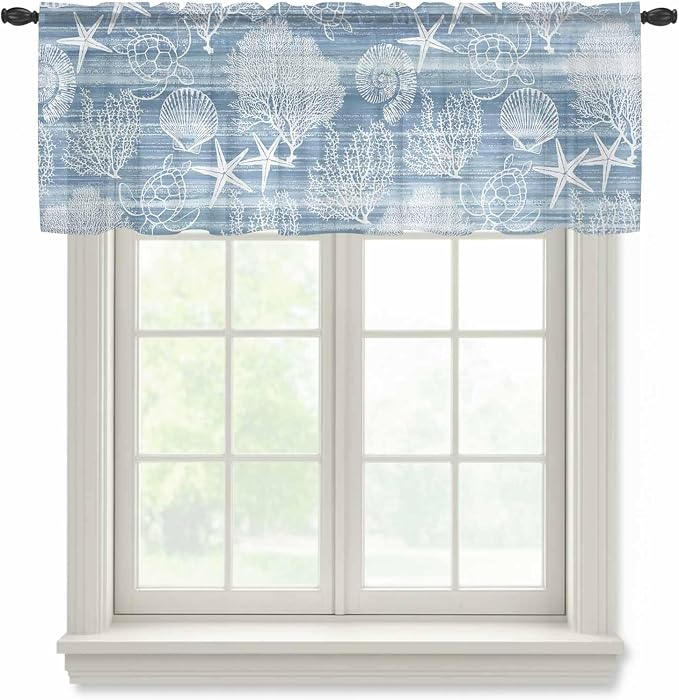 Haze Blue Retro Summer Sheer Valance Curtains, Sea Turtle Starfish Coral Ocean by Houseown