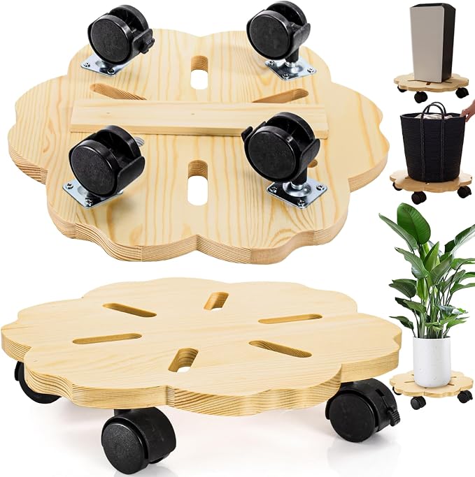 2 Pack 12" Plant Caddy with Wheels, Heavy Duty Wooden Rolling Plant Stands with by YIMITEE