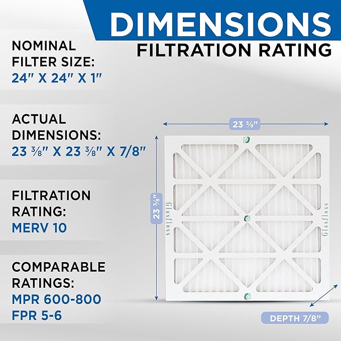 Glasfloss 24x24x1 MERV 10 Pleated Air Filters Box of 6. Actual Size: 23-3/8 x - Image 2