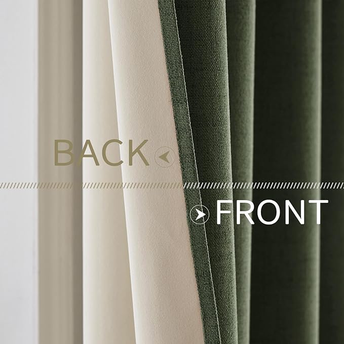 MIULEE 100% Blackout Linen Textured Curtains for Bedroom Solid Thermal Insulated Olive Green Grommet Room Darkening Curtains & Drapes Luxury Decor for Living Room Nursery 52 x 120 Inch (2 Panels)