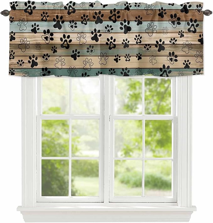 Dog Paws Valances for Windows, Teal Brown Wood Grain Kitchen Valance Light by Unknown
