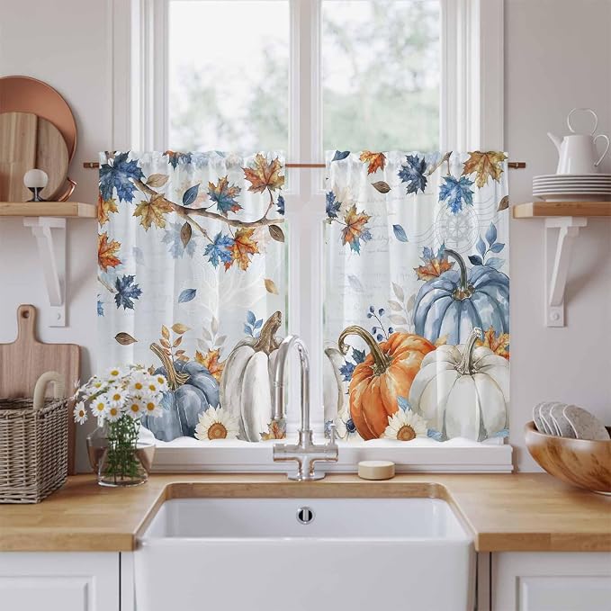 Fall Blue Maple Kitchen Tier Curtains 45 Inch Long 2 Panel Set, Rod Pocket by Unknown