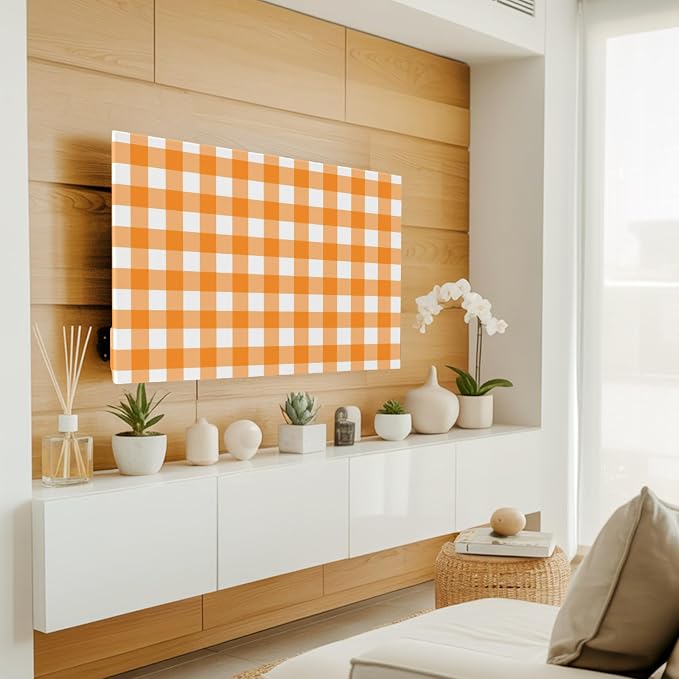 Orange White Buffalo Checker Indoor TV Cover, Elastic TV Screen Protector - Image 3