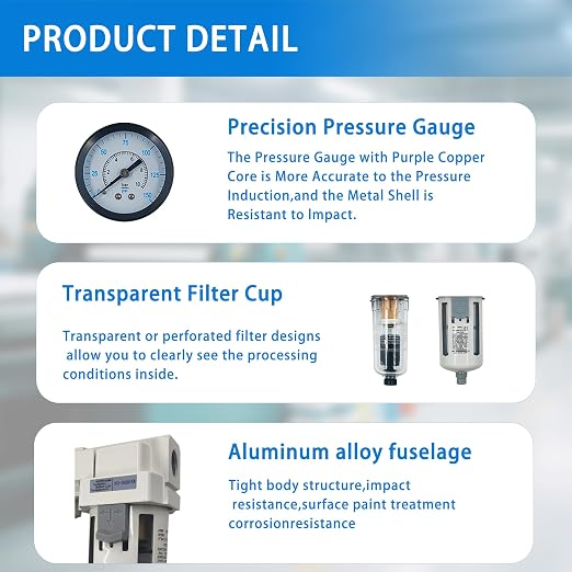 XingNEeng 3/4" NPT Compressed Air Filter Regulator Combo Piggyback, Water/Oil - Image 6