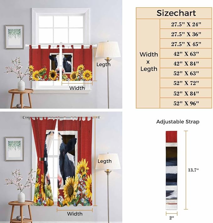 Cow Sunflowers Kitchen Curtains 36 Inch Length, Small Window Curtains Tab Top - Image 8