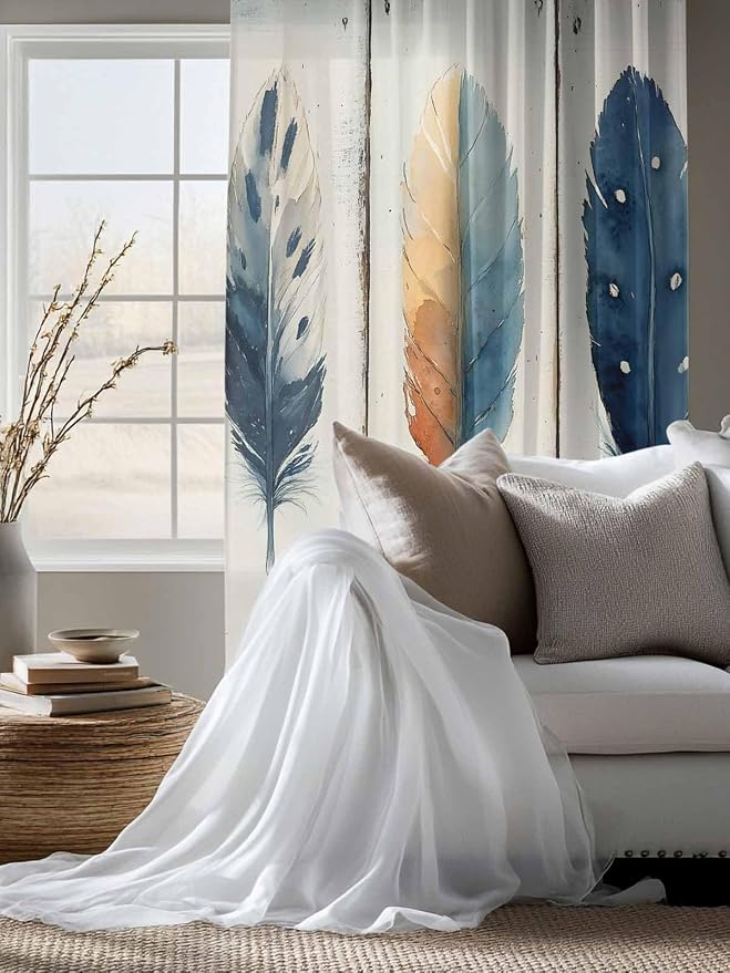 Sheer Curtains 63 Inch Length, Boho Ombre Vintage Wooden Grain Privacy Voile - Image 4