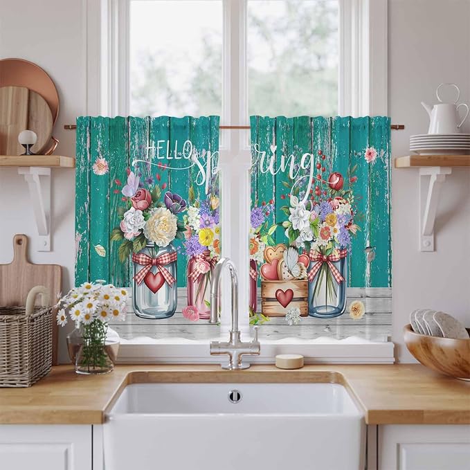 Spring Flowers Kitchen Curtains, Farmhouse Watercolor Teal Wood Grain Light - Image 2