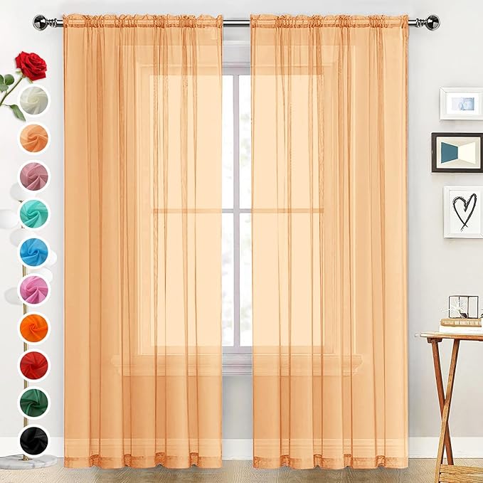 SpaceDresser Sheer Voile Window Treatment Rod Pocket Curtain Panels for Kitchen Bedroom Living Room Drapes Sunlight Filtering Privacy Semi Home Decor Assorted Colors Sizes (Beige, 52 W x 96 L)