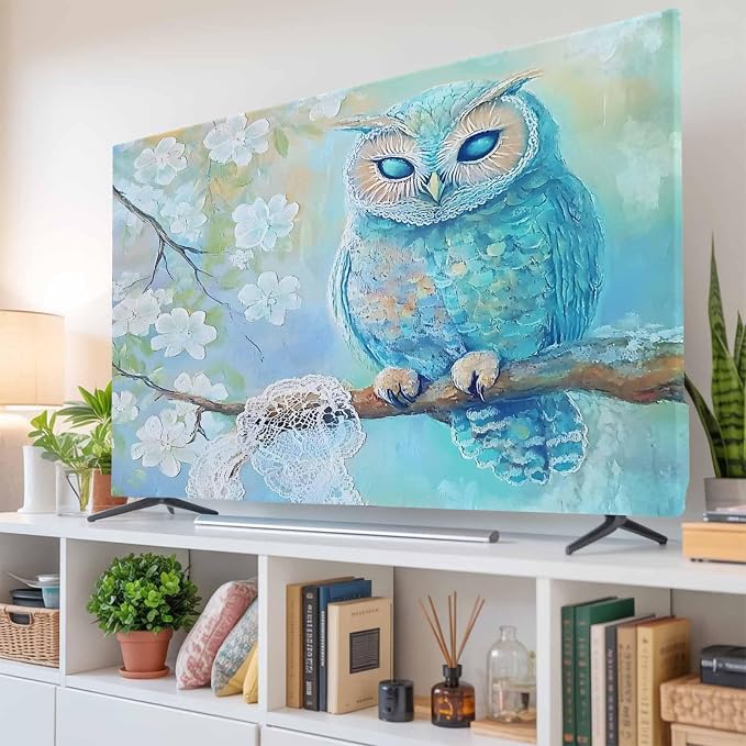 Watercolor Blue Owl Indoor TV Cover, Elastic TV Screen Protector Retro White - Image 6