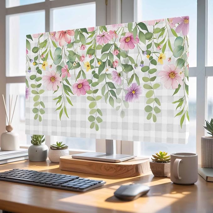 Country Spring Flowers Indoor TV Cover, Elastic TV Screen Protector Gray White - Image 4