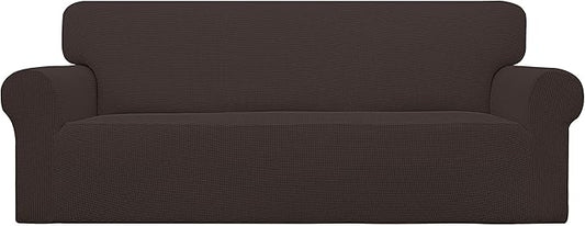 Easy-Going Stretch Sofa Slipcover 1-Piece Sofa Cover Furniture Protector Couch Soft with Elastic Bottom for Kids, Polyester Spandex Jacquard Fabric Small Checks (Sofa, Chocolate)