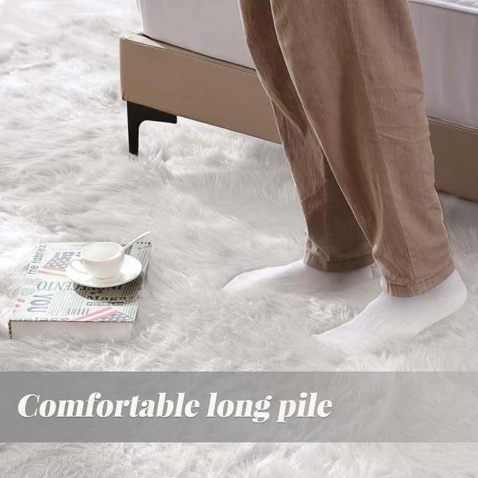 ORINOVA White Small Circle Fluffy Rugs for Bedroom Washable Faux Sheepskin Shaggy Fur Area Rugs for Living Room Round Rug 4ft Nursery Rug