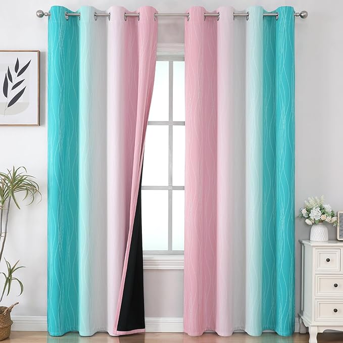 Estelar Textiler Pink and Teal Gradient Blackout Curtains for Bedroom, Thermal Insulated Ombre Drapes 96 Inches Long, Full Light Blocking Energy Saving Curtains for Living Room, 52Wx96L, 2 Panels