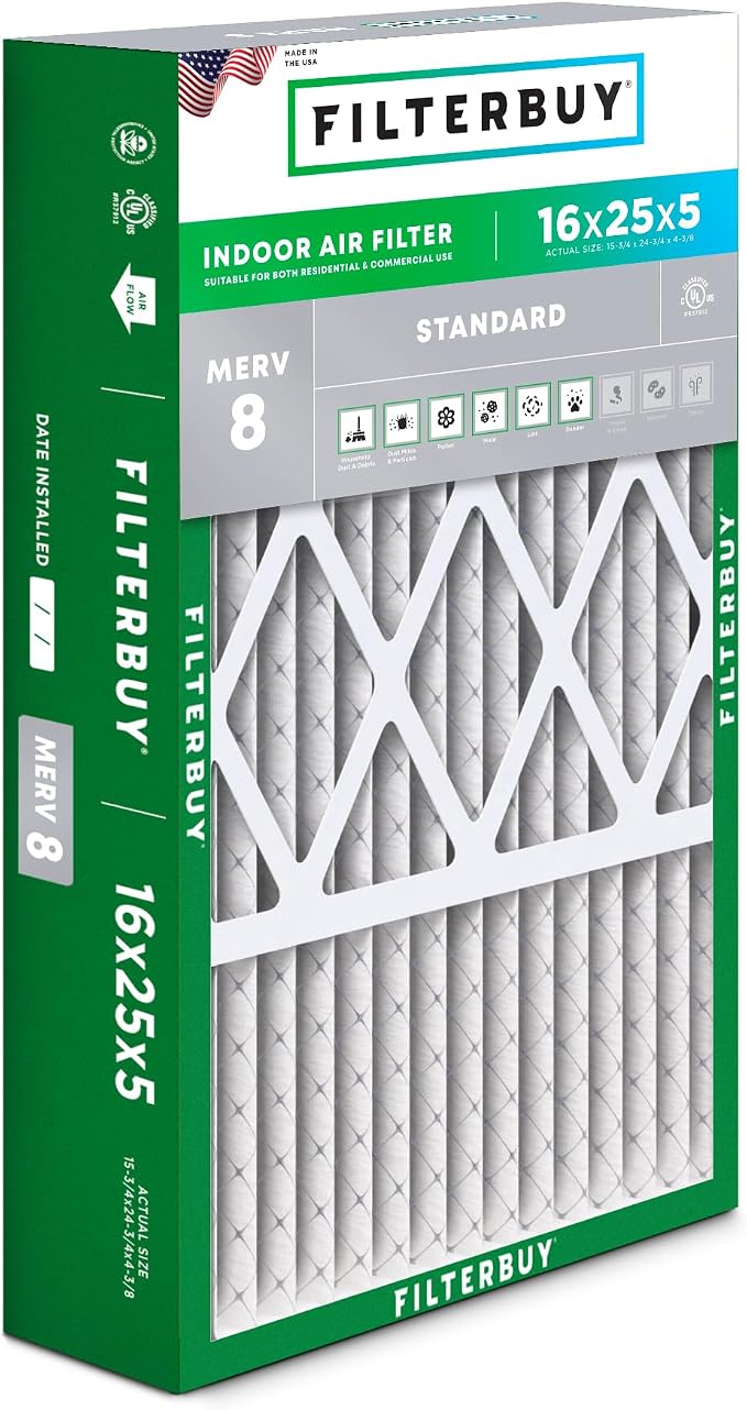 Filterbuy 16x25x5 Air Filter MERV 8 Essential Dust & Allergy Defense, Pleated by Filterbuy