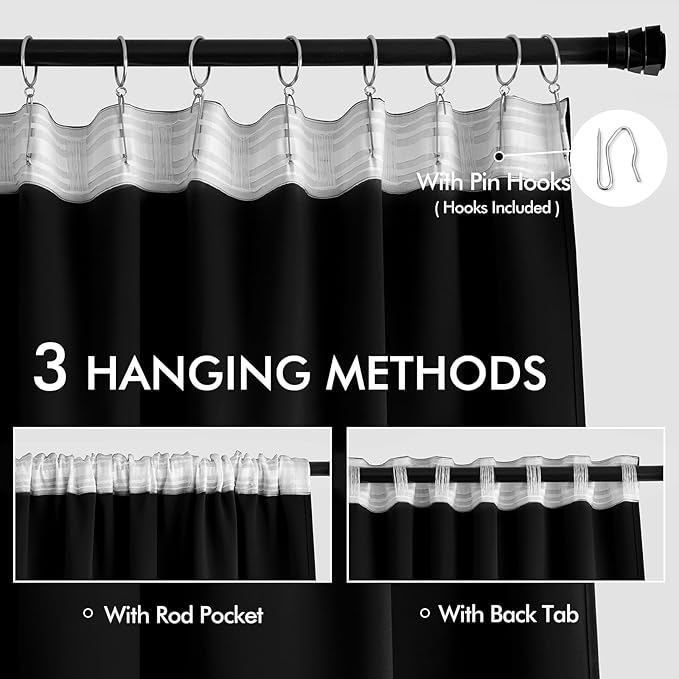 MIULEE Back Tab Blackout Curtains 102 Inch Long 2 Panels Set for Living Room Bedroom, Halloween Black Rod Pocket/Pinch Pleated Thermal Insulated Room Darkening Light Blocking Floor to Ceiling Drapes