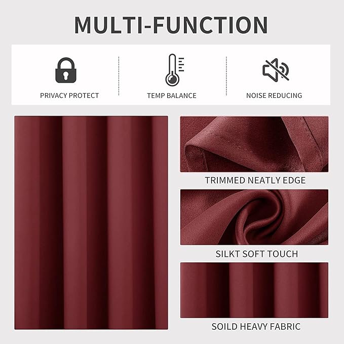 Joydeco Blackout Curtains 72 inches Long 2 Panels Set, Thermal Insulated Long Curtains 2 Burg, Room Darkening Grommet Drapes for Bedroom Living Room Windows (W42 x L72 Inch, Burgundy Red)