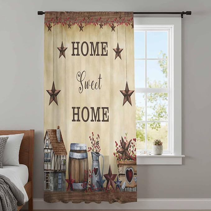 Farm Sheer Curtains 45 Inch Length American Country Barn Star Vintage Berry - Image 4