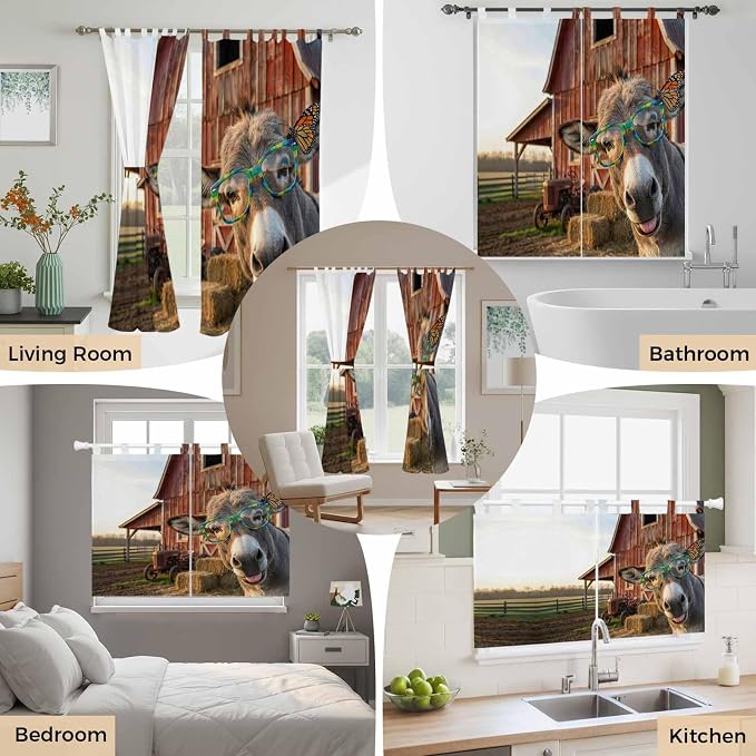 Farm Donkeys Kitchen Curtains 24 Inch Length, Small Window Curtains Tab Top - Image 7