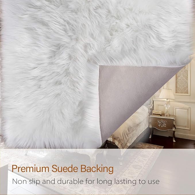 LOCHAS Soft Fluffy Faux Fur Rugs for Bedroom Bedside Rug 4x6 Feet, Washable, Furry Sheepskin Area Rug for Living Room Girls Room, Luxury Shag Carpet Home Decor, White