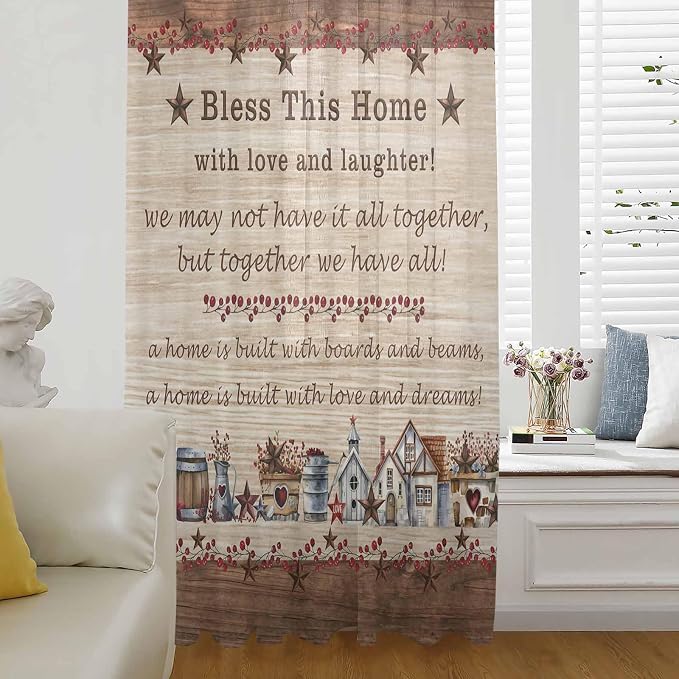 Farmhouse Sheer Curtains 54 Inch Length Brown Country Star Berry Vintage Wood by Unknown