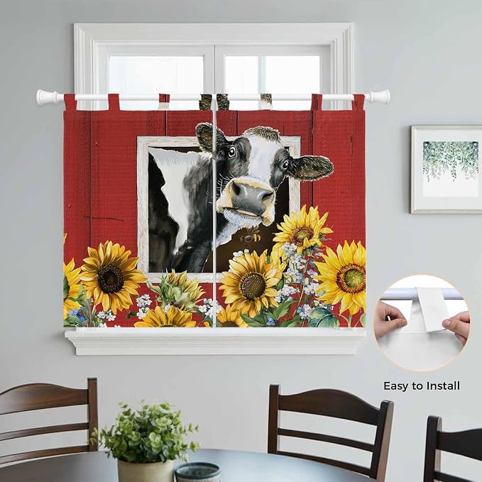 Cows Sunflowers Kitchen Curtains 45 Inch Length, Short Cafe Window Curtains Tab - Image 4