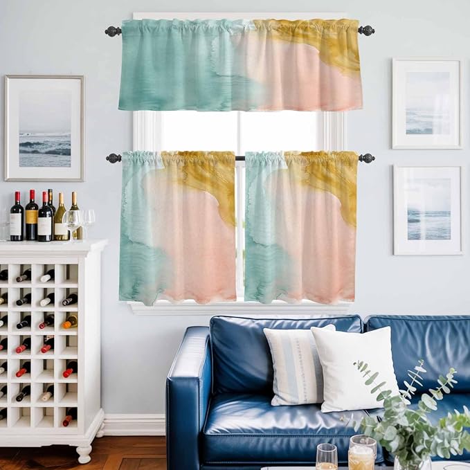 Kitchen Window Curtains Valance and Tier Set, Abstract Desert Mountains Rod - Image 9