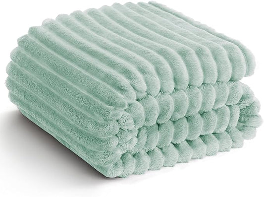 HIMEET Sage Green Ribbed Twin Blanket for Bed - 300GSM Lightweight Soft Fleece Blanket for Women, Blankets Graduation Birthday Gifts, Striped Spring Home School Dorm Decor, Sage Green, 60x80 Inches