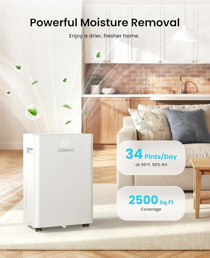 34 Pint Dehumidifier for Basement up to 2500 Sq.Ft, ozeeco Home Dehumidifier - Image 2