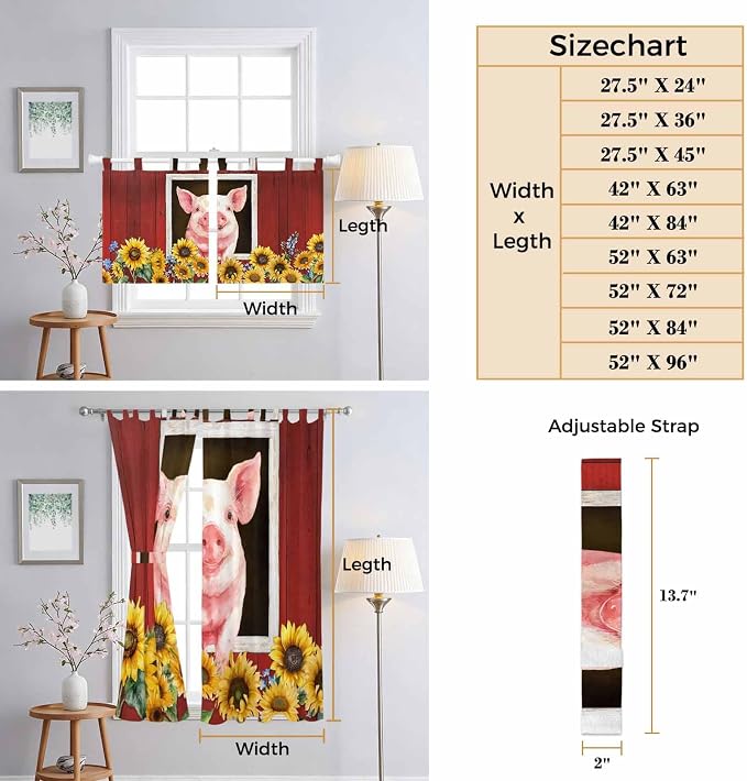 Pigs Sunflowers Kitchen Curtains 24 Inch Length, Small Window Curtains Tab Top - Image 8