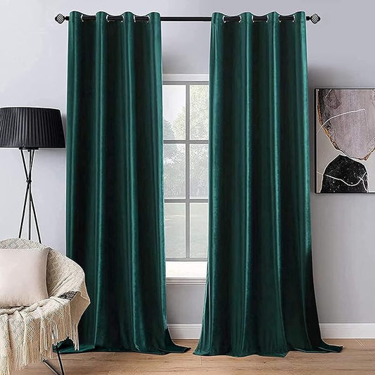 MIULEE Christmas Dark Green 100% Polyester Curtains 90 Inches Long 2 Panels Room Darkening Blackout Soft Velvet Grommet Top Emerald Curtain Thermal Soundproof Curtains/Drapes/Panels for Living Room