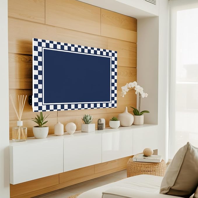Abstract Navy Blue Check Indoor TV Cover, Elastic TV Screen Protector Modern - Image 3