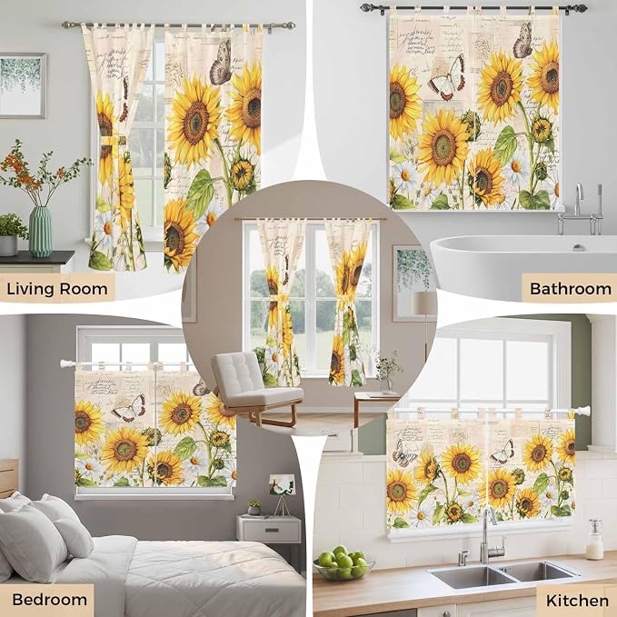 Yellow Sunflowers Bathroom Curtains 63 Inch Length, Window Curtains Tab Top - Image 7