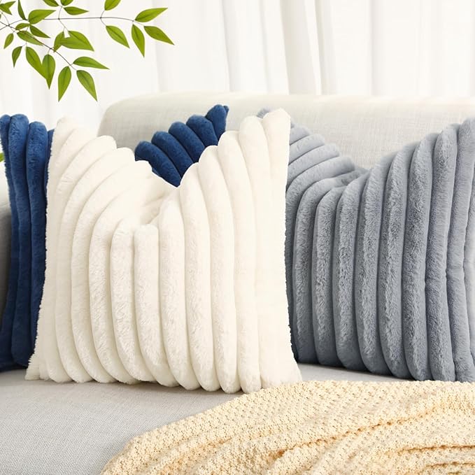 decorUhome Cozy Faux Fur Throw Pillow Covers 26x26 Set of 2 Decorative Soft Plush Striped Modern Farmhouse Boho Couch Euro Sham Pillow Cases with Velvet Back for Sofa Bed Living Room, Blue
