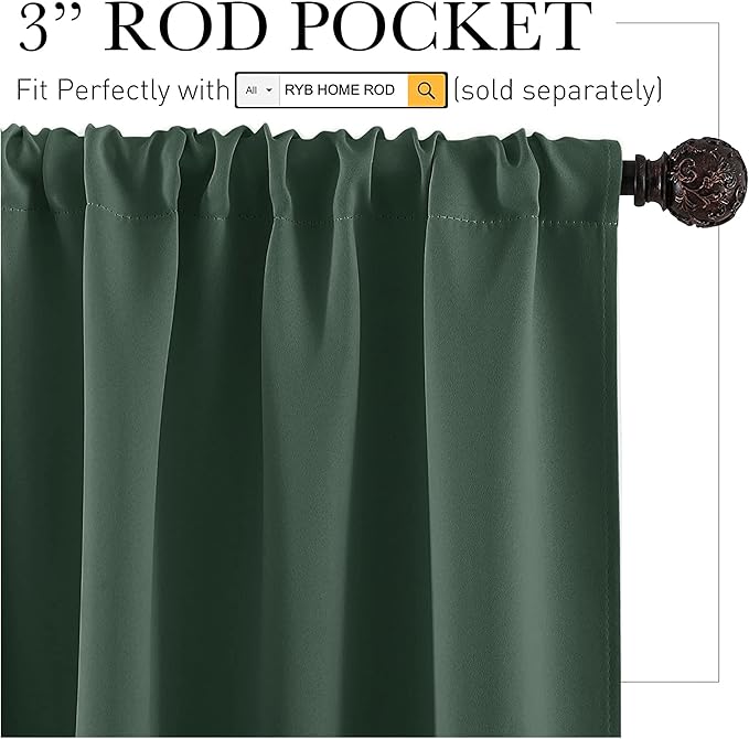 RYB HOME Blackout Curtains for Bedroom 84 inches Long 2 Panels Set, Privacy Thermal Insultaed Sunlignt Heat Blocking Drapes for Nursery Rental Room, Width 42 by Length 84, Dark Green