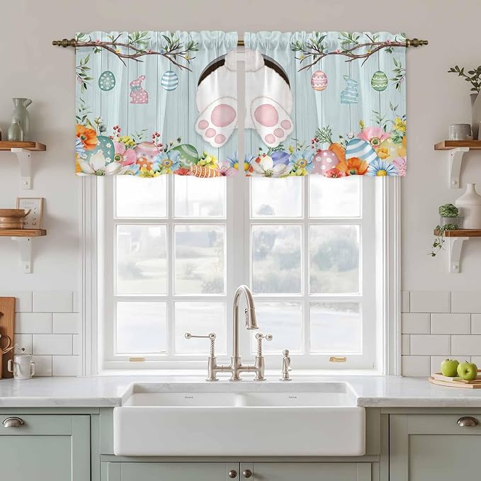 Easter Bunny Kitchen Tier Curtains 24 Inch Long 2 Panel Set, Rod Pocket Cafe - Image 3