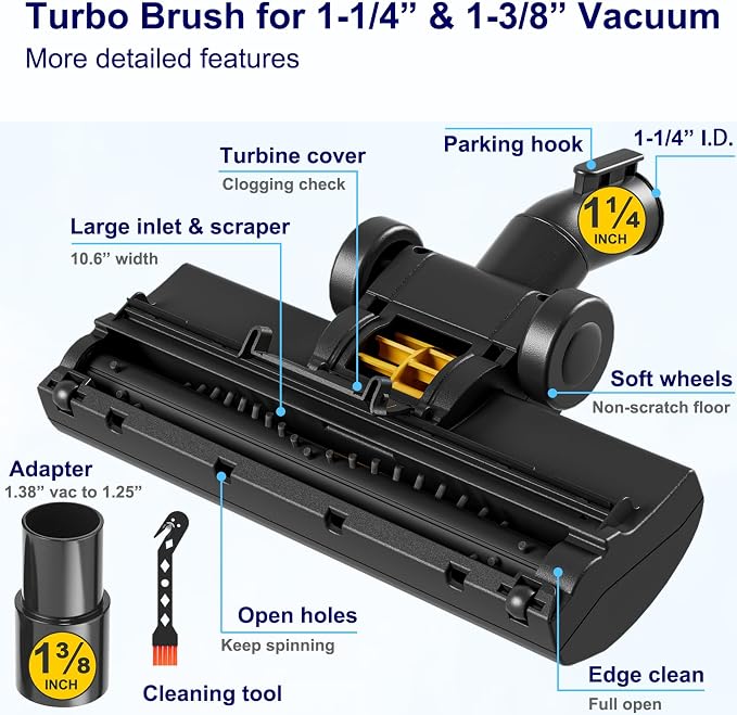 Portek Turbo Brush Head for 1-1/4" and 1-3/8" Vacuum Cleaners, Air-Driven Floor - Image 9