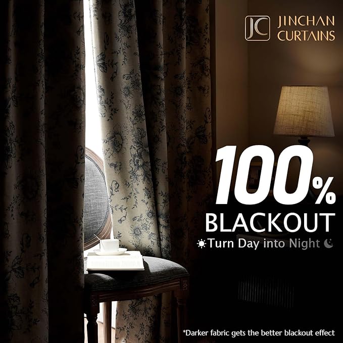 jinchan Blackout Floral Curtains for Living Room Bedroom Linen Blend Curtain Farmhouse Grey Printed with Lined Back Tab Rod Pocket Drapes Window Treatments 2 Panels 96 Inch Gray