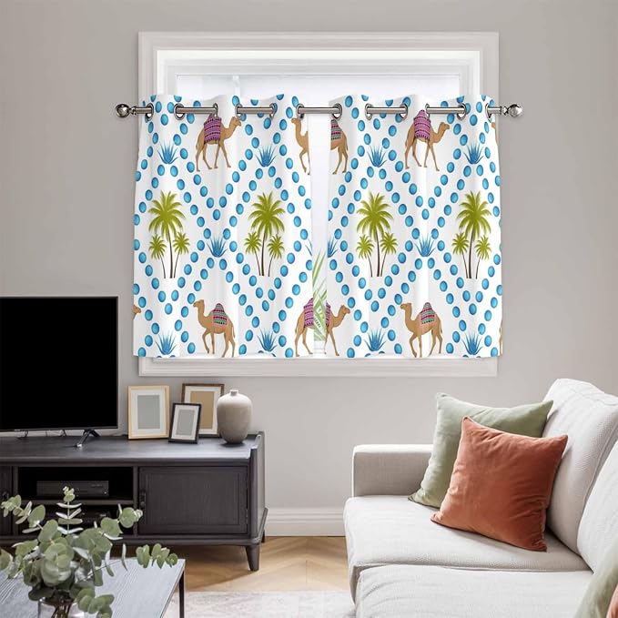 2 Panel Kitchen Cafe Curtains, Camels Palm Trees Sunlight Filtering Nature Air - Image 5