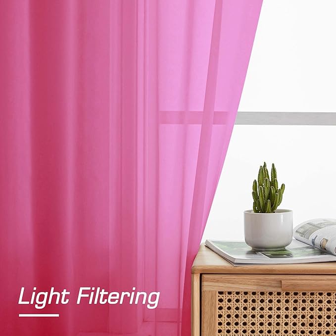 OWENIE Short Hot Pink Sheer Curtains 30 Inch Length 2 Panels Set, Kitchen Curtains Tiers Light Filtering Rod Pocket Cafe Curtain for Basement Bathroom Small Half Window, 42" W x 30" L, Hot Pink
