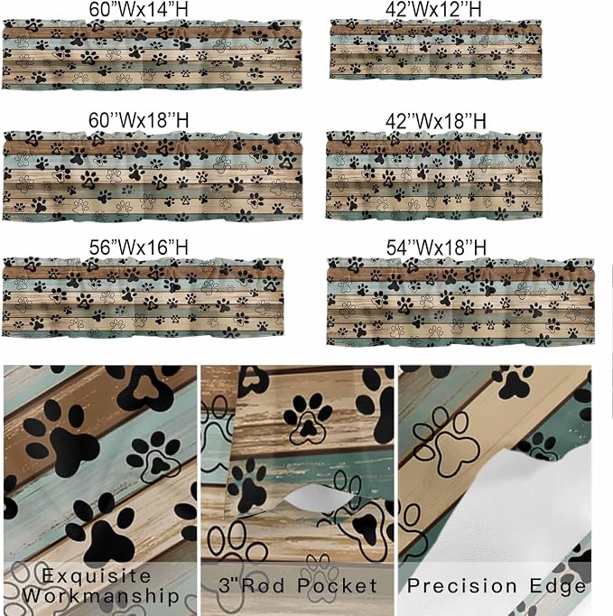 Dog Paws Valances for Windows, Teal Brown Wood Grain Kitchen Valance Light - Image 9