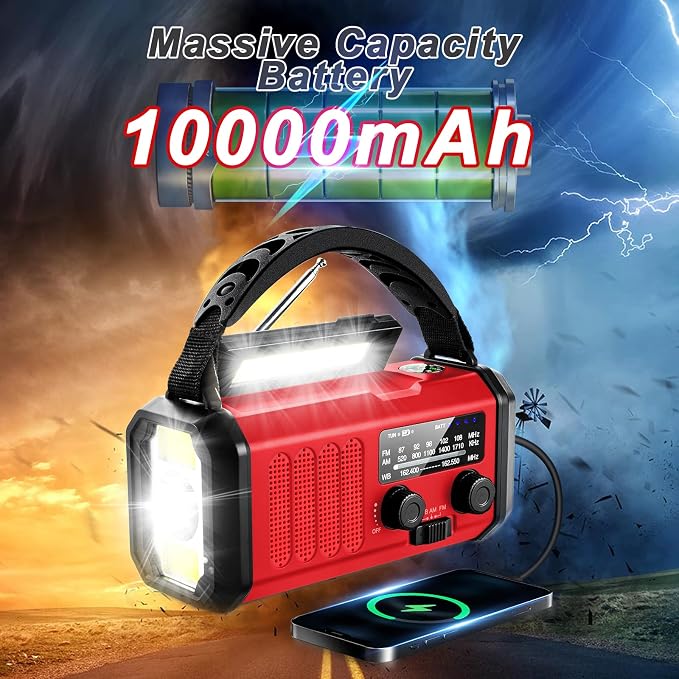 Emergency Crank Radio10000mAh/37000mWh AM/FM/NOAA Weather Radio, Solar/Hand - Image 3