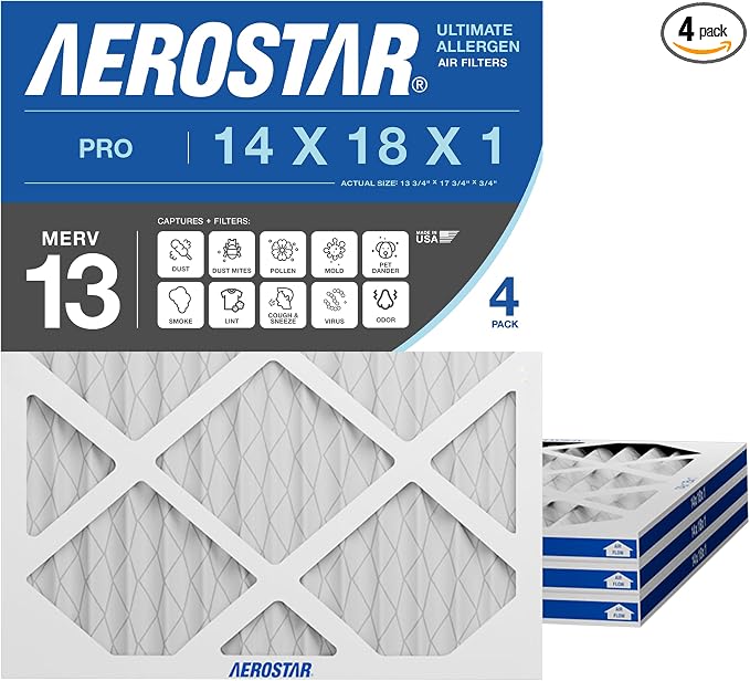 Aerostar 14x18x1 MERV 13 Pleated Air Filter, AC Furnace Air Filter, 4 Pack by AirFiltersDelivered