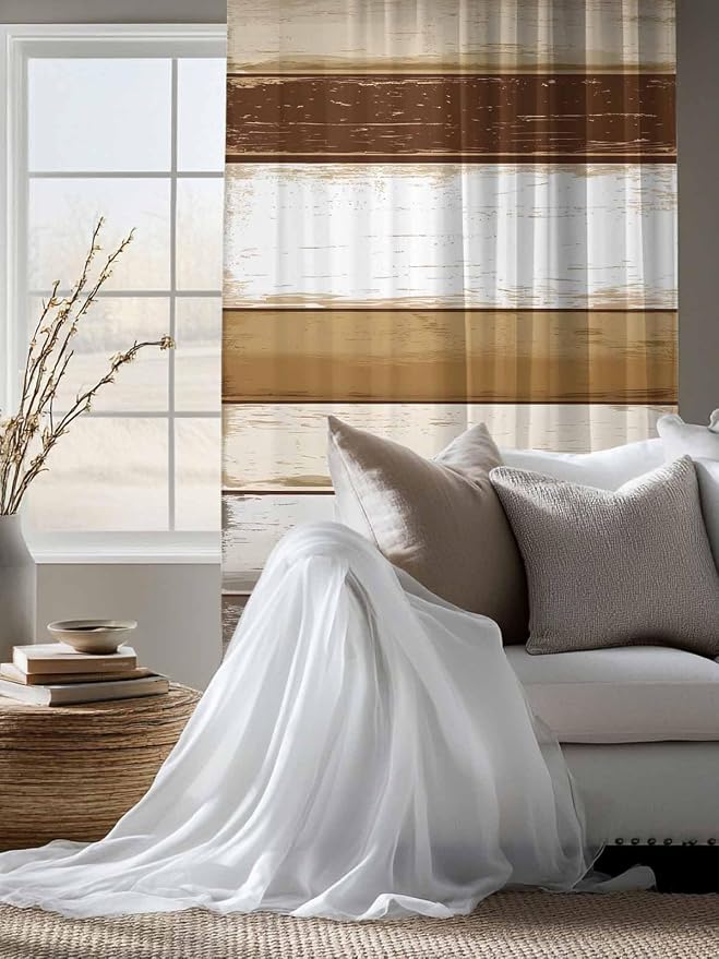 Sheer Curtains 63 Inch Length, Vintage Country Geometric Striped Privacy Voile - Image 4