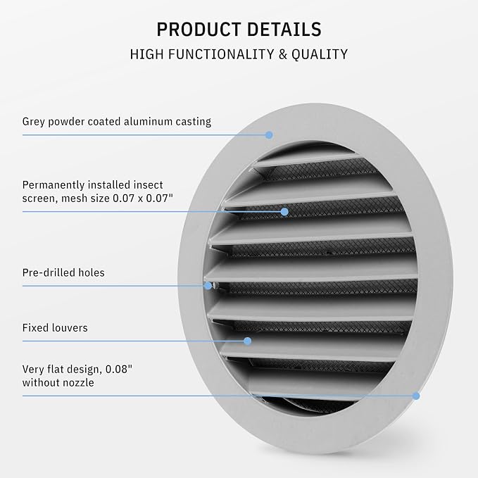 calimaero® WSGG 5" Inch Gray Round Metal Air Vent Grill Cover Flat Louver - Image 4