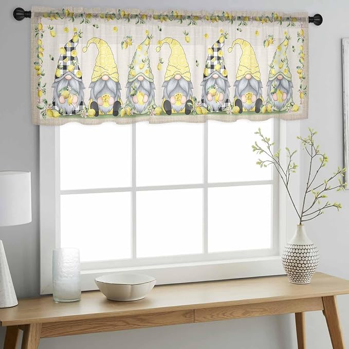 Rustic Lemon Gnomes Sheer Valance Curtains, Summer Fruit Leaves Retro Linen - Image 3