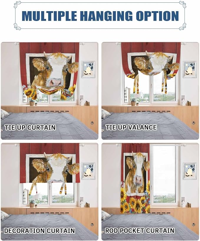 Tie Up Curtains for Windows, Cows Sunflowers Adjustable Balloon Nature Linen - Image 5