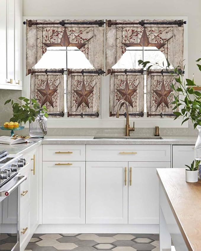 Country Star Swag Kitchen Curtains Valance and Tier Set, VintageRust Yellow - Image 3
